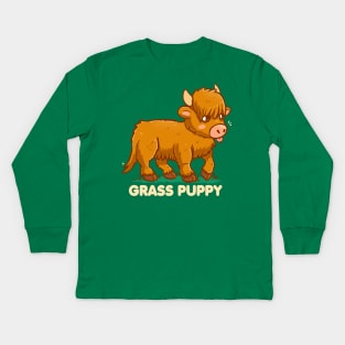 Grass Puppy - Scottish Highland Cow Kids Long Sleeve T-Shirt